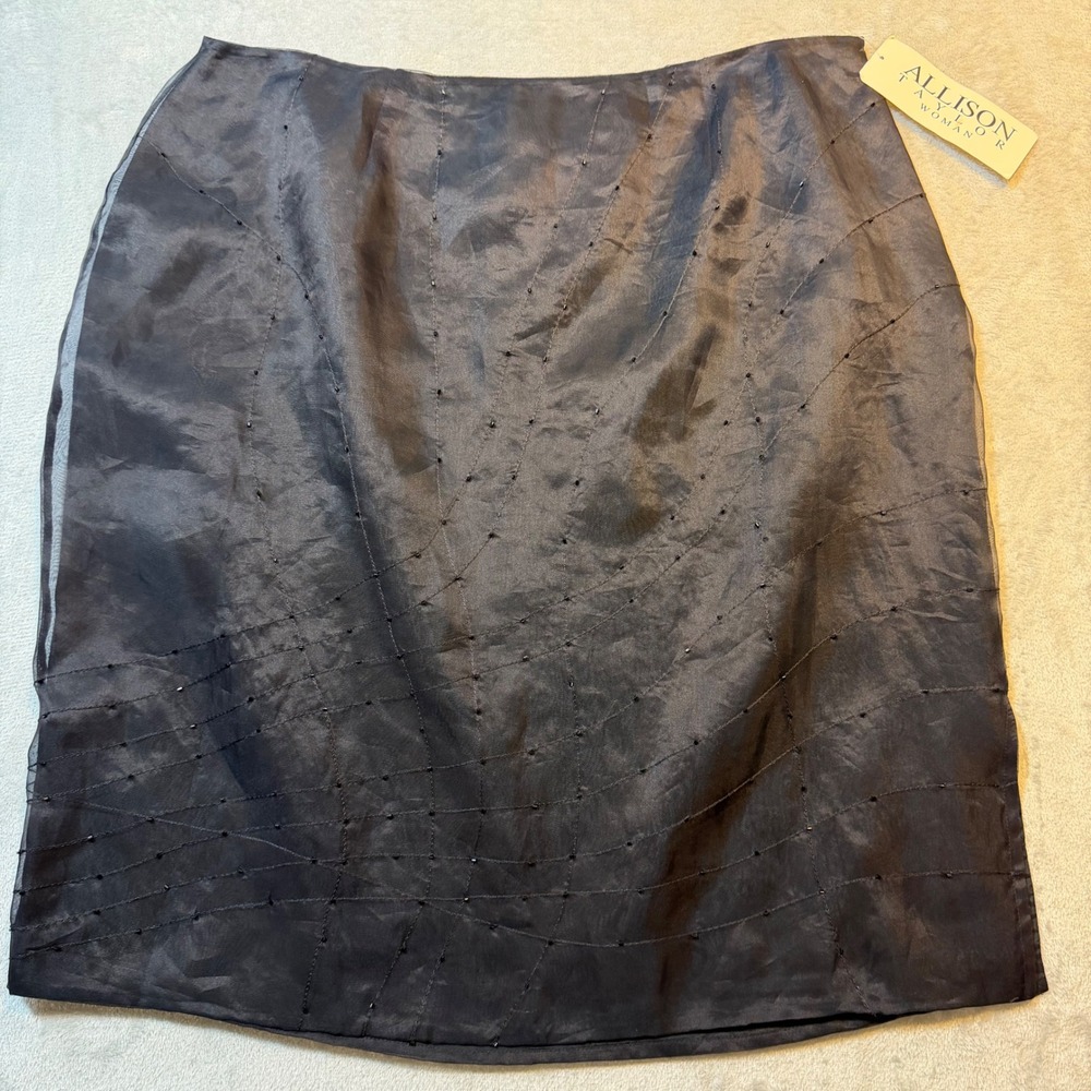 Vintage Black Silk‎ Beaded Sheer Overlay Midi Skirt Plus Size 18W Whimsigoth Y2K
